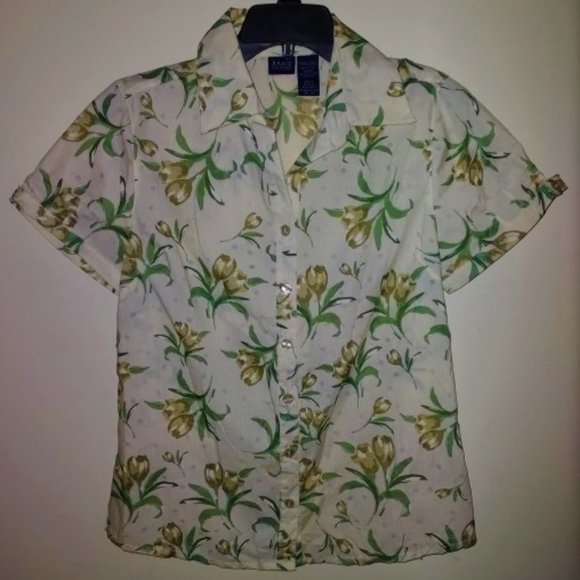 BASIC EITIONS IVORY/GREEN FLORAL SHORT SLEEVE BUTTON FRONT BLOUSE SIZE S NWOT - Picture 5 of 7